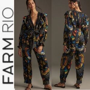 NWT Farm Rio Black Printed V-Neck Ruffle Jumpsuit xs